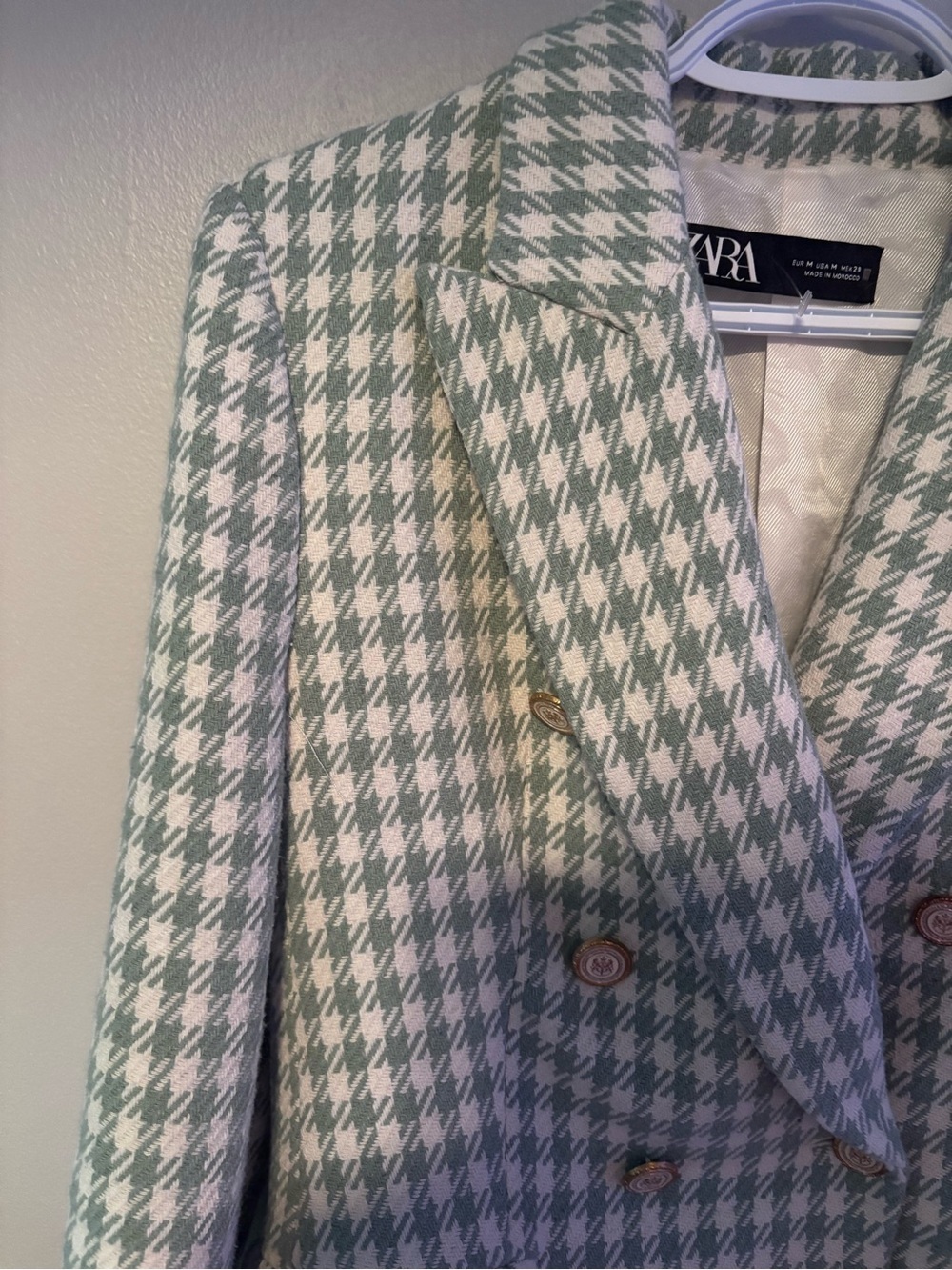 Zara Houndstooth Plaid Double Breasted Blazer Sea Green Tailored Blazer Medium - Picture 8 of 11